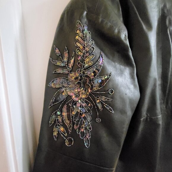 VTG S. Ajita Genuine Leather Oversized Jacket - Medium - Sequined Sleeves - Picture 2 of 12